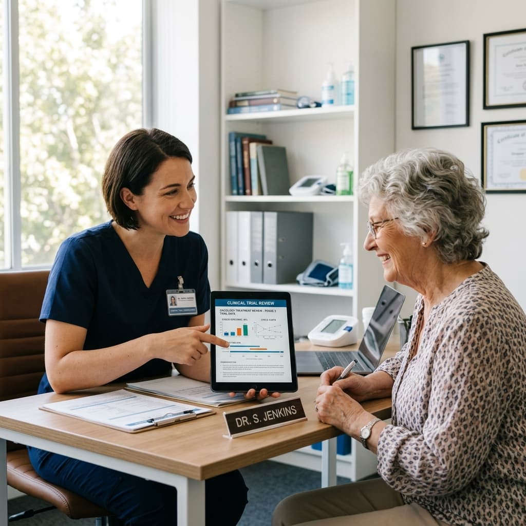 Clinical trial coordinator showing treatment review options on a tablet to patient